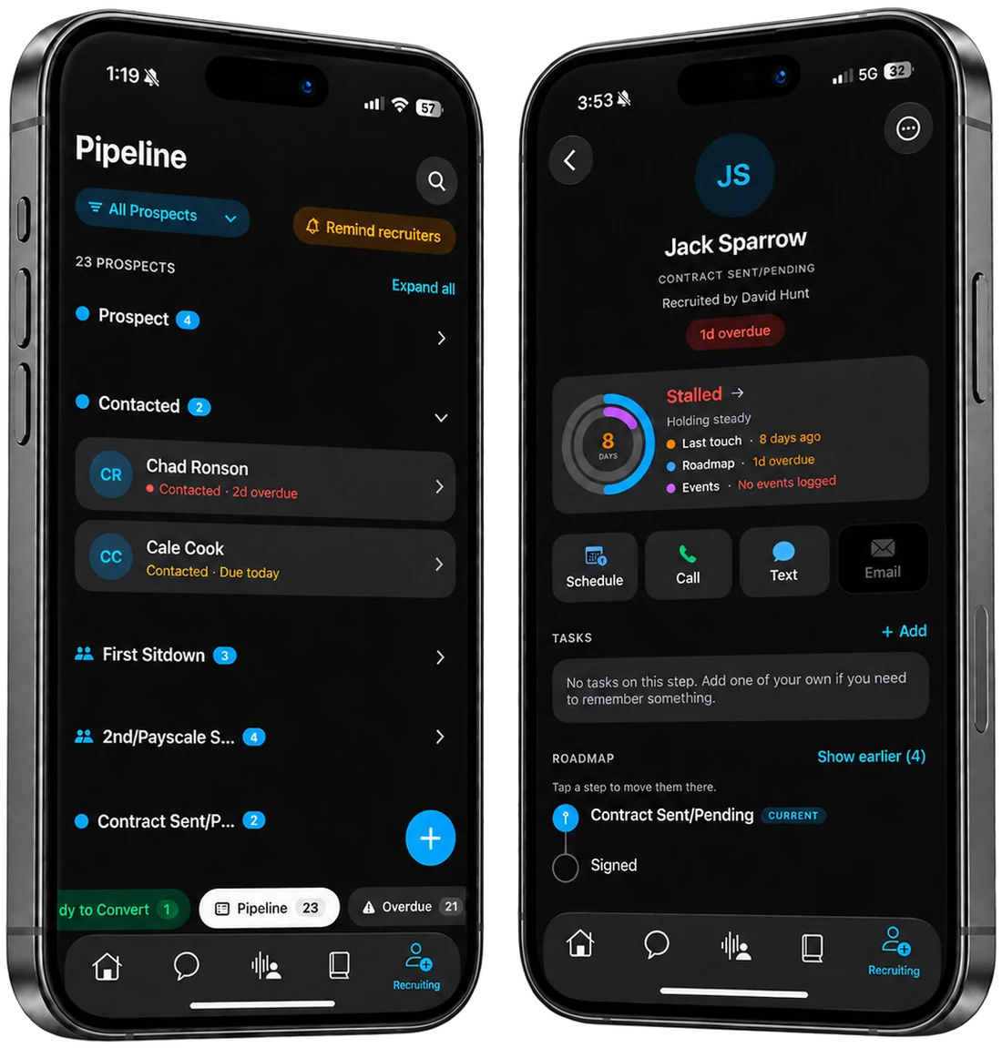 Two phones showing OpSync recruiting: the pipeline with 23 prospects grouped by stage and overdue follow-ups flagged, and a candidate profile at Contract Sent/Pending marked stalled with quick schedule, call and text actions.
