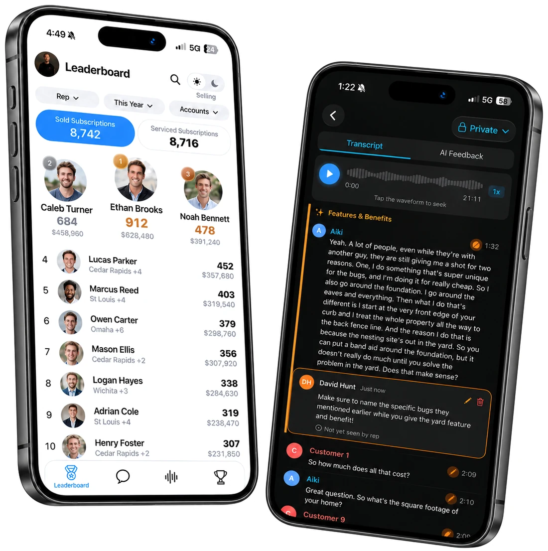 Two phones showing OpSync: a leaderboard ranking reps for the year by accounts sold with a top-three podium, and a recorded call with its transcript, AI feedback tab and a private manager note left on the rep's line.