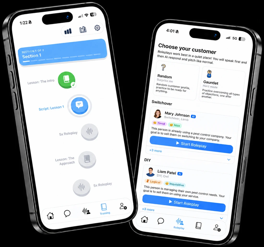 Two phones showing OpSync training: a lesson path with a completed intro lesson, the current script lesson and locked 5x roleplay steps, and the roleplay picker with Random and Gauntlet modes plus AI customer personas.